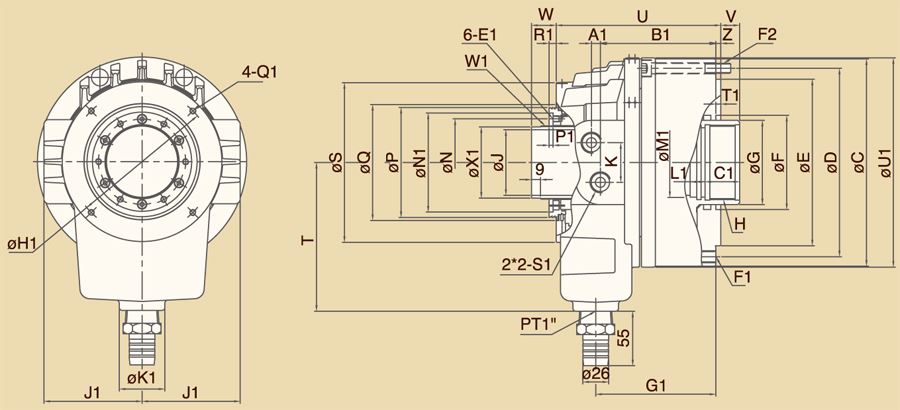 Изображение товара - Гидроцилиндр с большим сквозным отверстием, диметр поршня Ø 210 мм Chandox P2110S